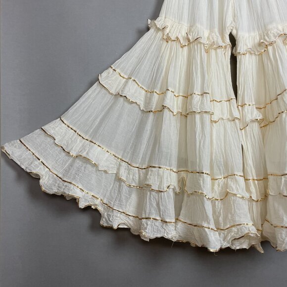 Sharara Bottoms Pants Tiered Gold Trim Flared Voluminous Off-White Elastic Waist - Picture 11 of 16